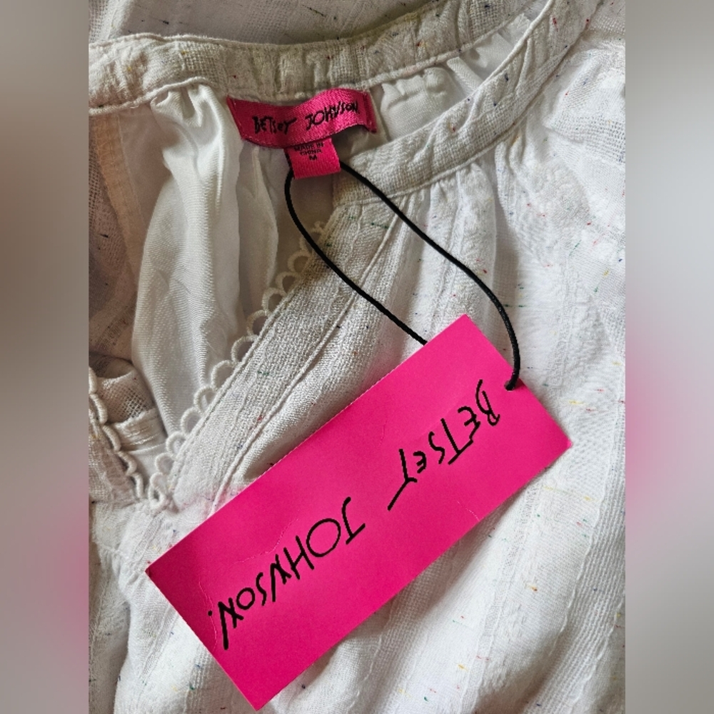 NWT Betsey Johnson puff sleeve tiered boho white cotton dress medium - Picture 9 of 13